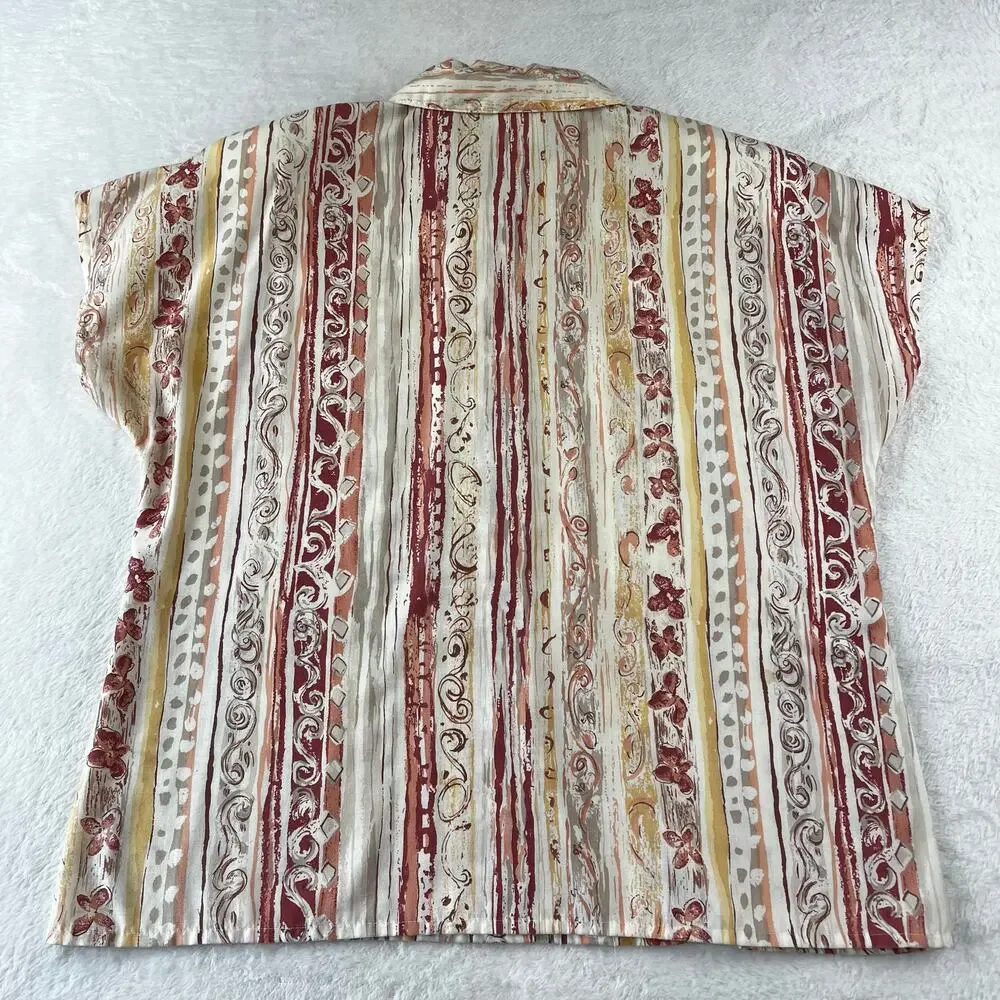 Nikki Vintage Women's Button Down Blouse Floral Stripe Tan Maroon Size 11/12